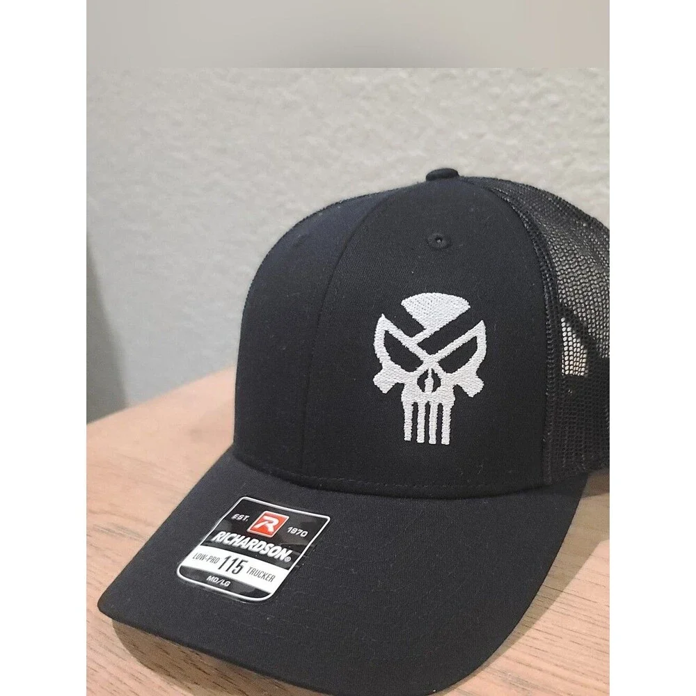 New Punisher Skull Trucker Hat Richardson 115 Black/Black Mesh Snapback  MD/LG